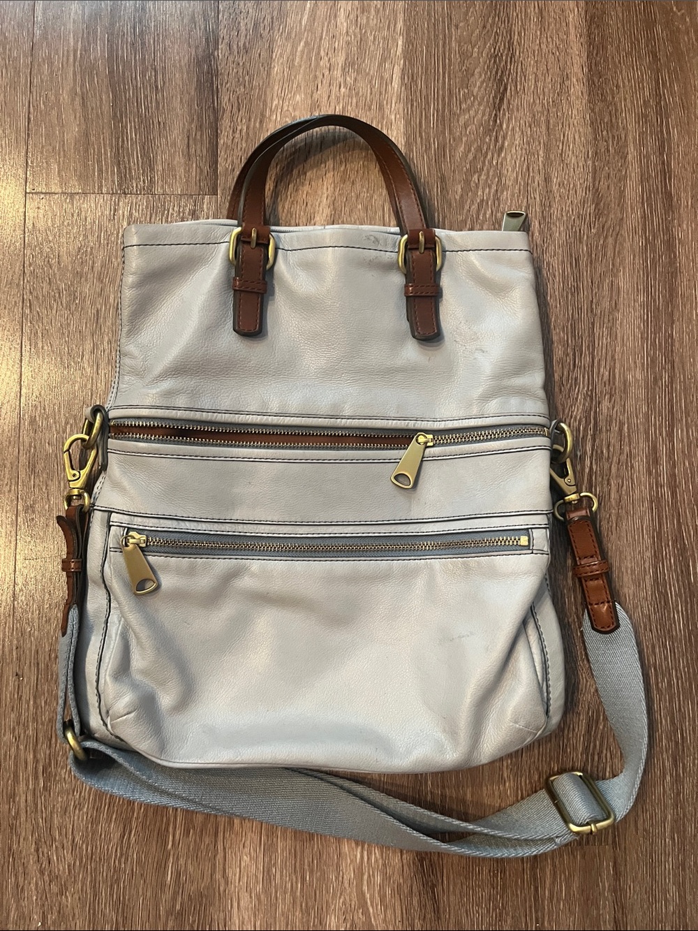 Fossil Explorer Light blue-Gray Leather fold over tote/Messenger Bag